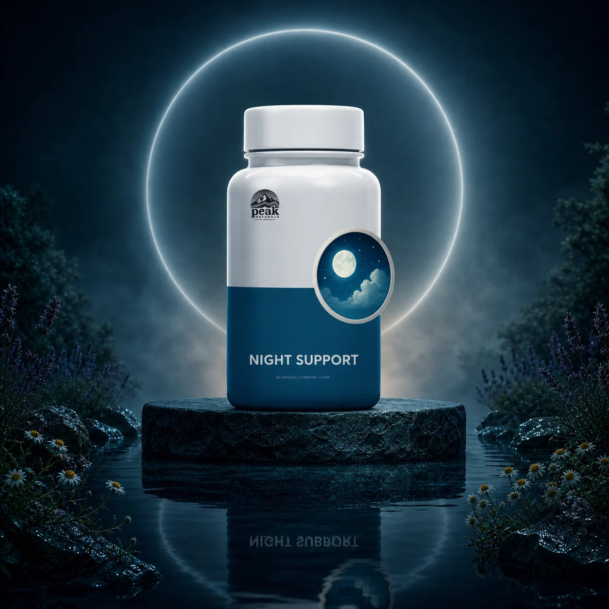 Night Support Food Supplement – 60 Vegan Capsules by Peak Naturals in a moonlit botanical setting